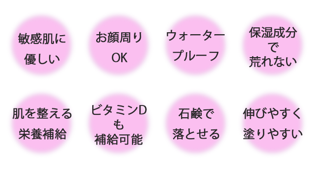 1.敏感肌に優しい 2.お顔回りOK 3.ウォータープルーフ 4.保湿成分で荒れない 5.肌を整える栄養補給 6.ビタミンDも補給可能 7.石鹸で落とせる 8.伸びやすく塗りやすい